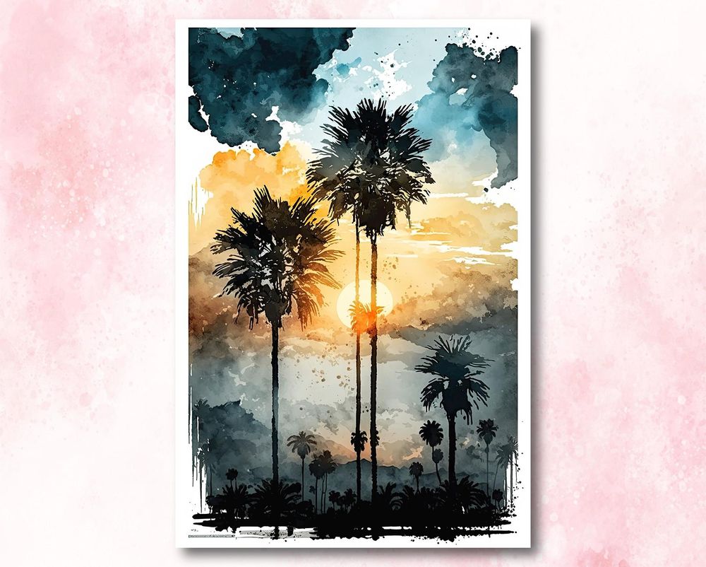 Coastal Sunset Palm Tree Watercolor Art - Tropical Beach House Decor Canvas Ready To Hang Portrait Canvas