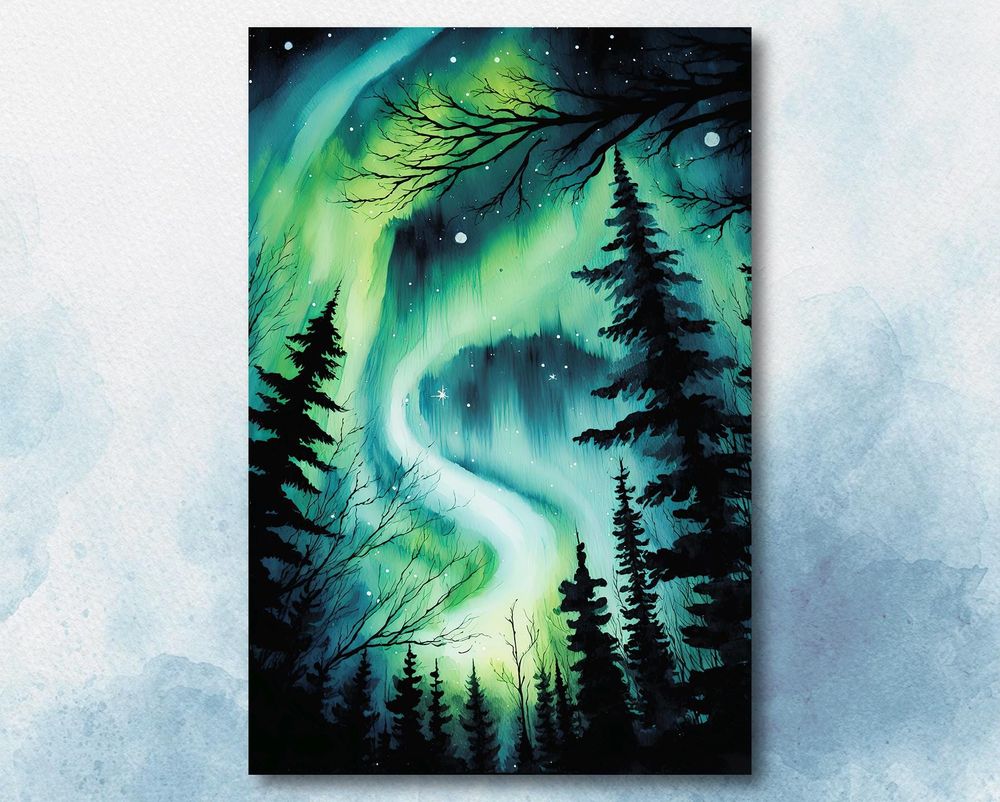 Winter Aurora Print Northern Lights Forest Wall Decor Watercolor Art Canvas Ready To Hang Portrait Canvas