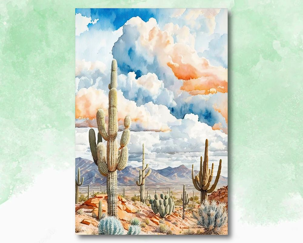 Colorful Watercolor Desert Landscape Print Canvas Ready To Hang Portrait Canvas