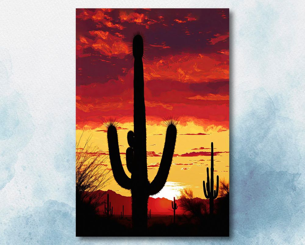 Southwest Sunset Print - Colorful Cactus Watercolor Art - Desert Landscape Gift - Home Decor Canvas Ready To Hang Portrait Canvas