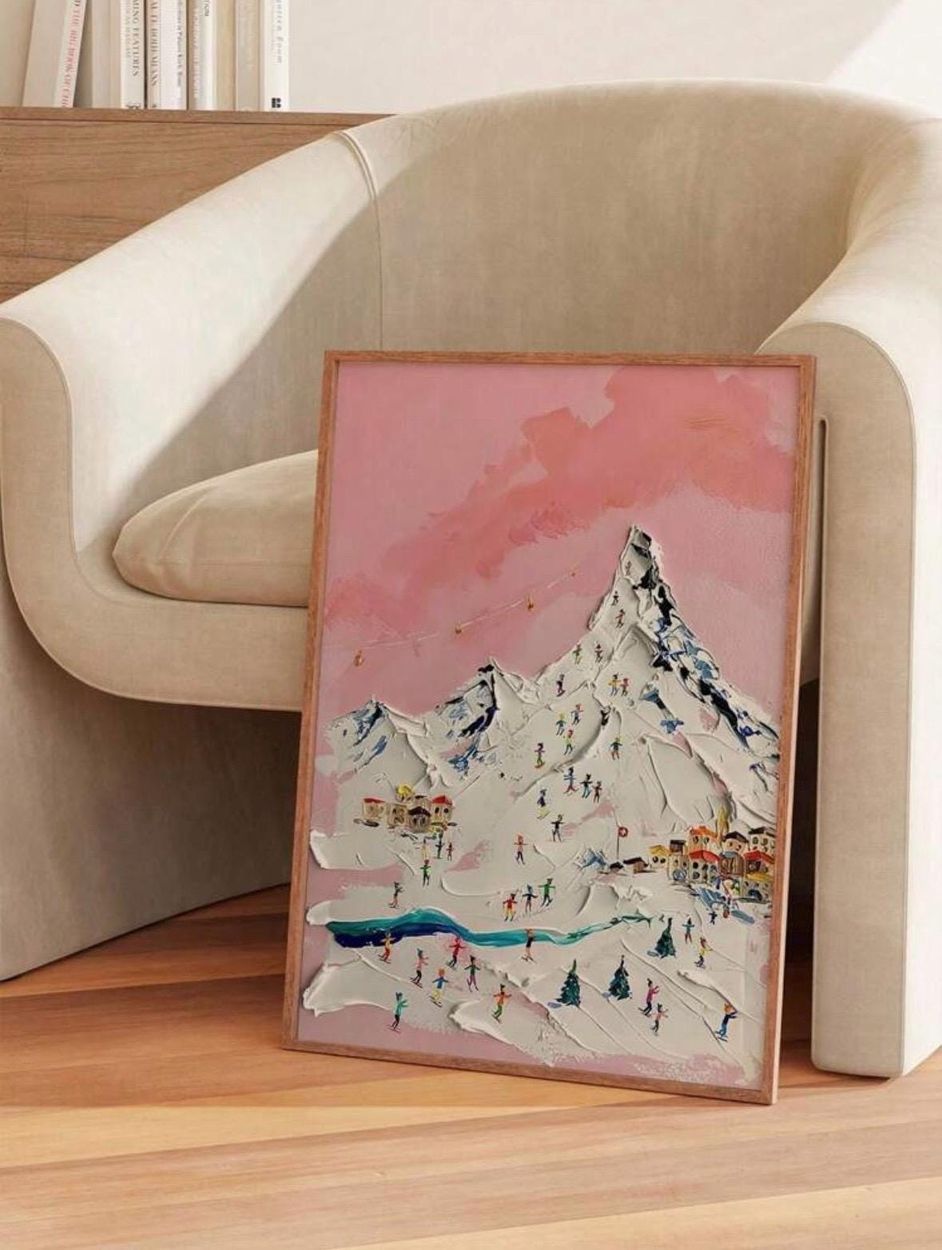 Snowy Mountain Skiing Art Print Oil Painting Style Canvas Ready To Hang Portrait Canvas