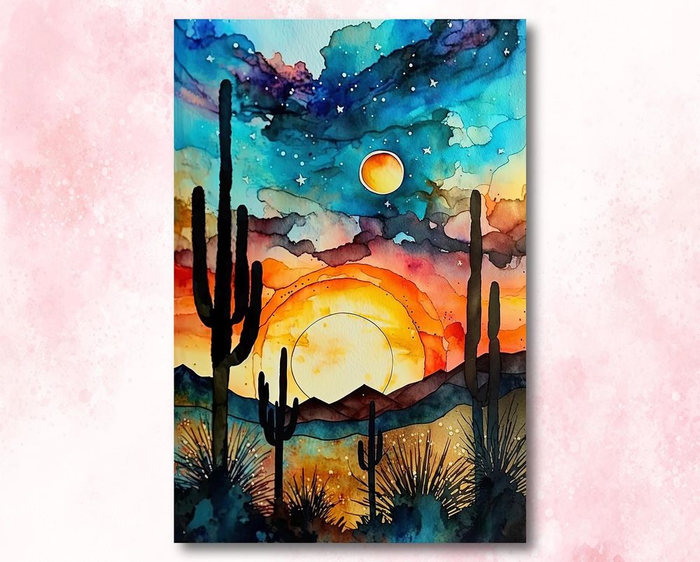 Southwest Watercolor Sunset Desert Cactus Landscape Art Boho Home Decor Canvas Ready To Hang Portrait Canvas