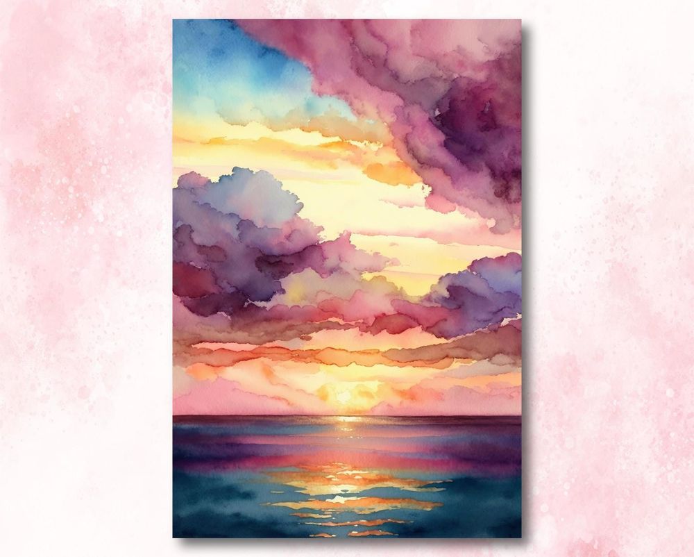 Ocean Watercolor Sunset Beach Landscape Wall Art Print Nature Coastal Decor Canvas Ready To Hang Portrait Canvas