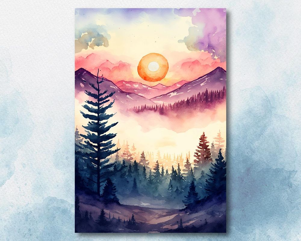 Mountain Sunset Forest Print Watercolor Misty Landscape Art Nature Home Decor Canvas Ready To Hang Portrait Canvas