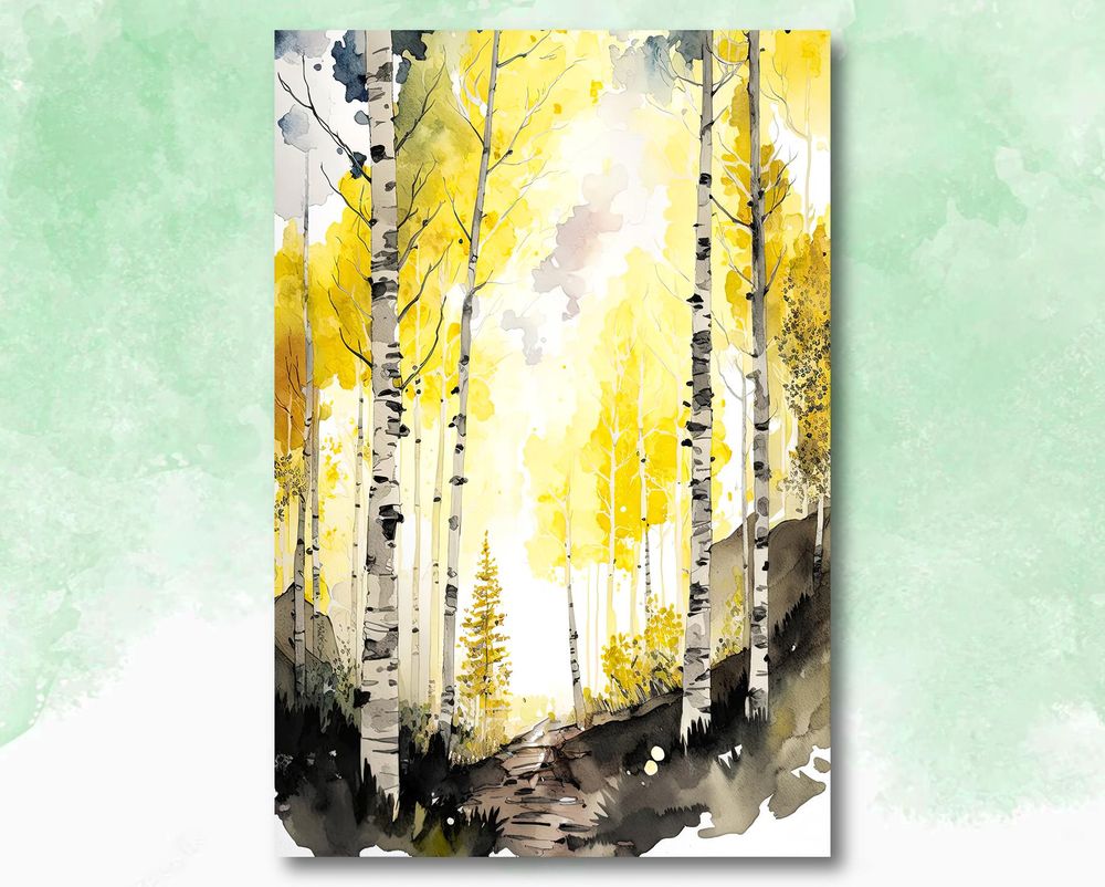 Autumn Forest Art Print Birch Trees Watercolor Painting Black and Yellow Wall Decor Canvas Ready To Hang Portrait Canvas