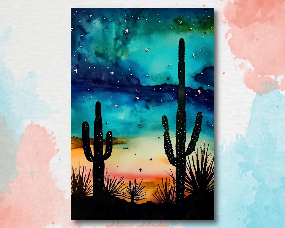 Southwest Sunset Cactus Art Watercolor Desert Landscape Boho Western Decor Canvas Ready To Hang Portrait Canvas