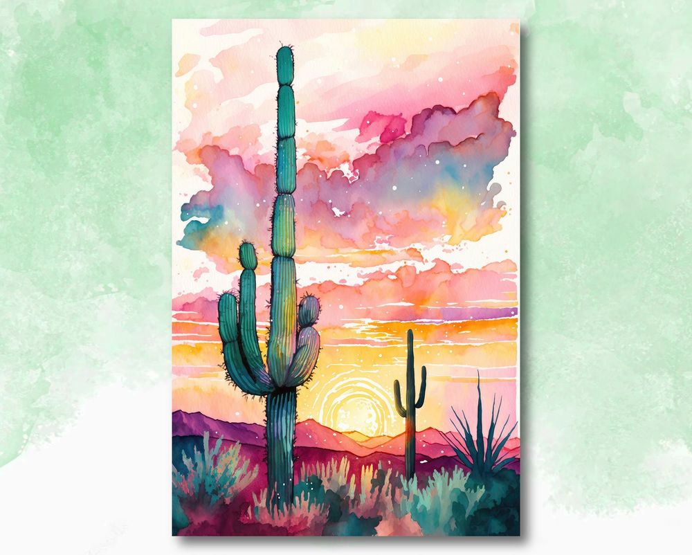 Sonoran Desert Sunset Watercolor Canvas Ready To Hang Portrait Canvas