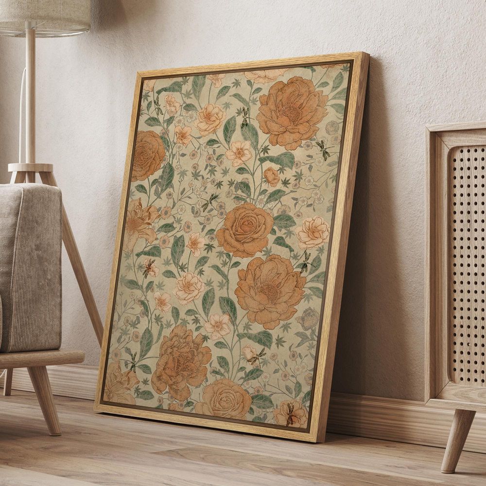 Vintage Floral Botanical Wall Art Pastel Earth Tones Rose Peony Print Canvas Ready To Hang Portrait Canvas
