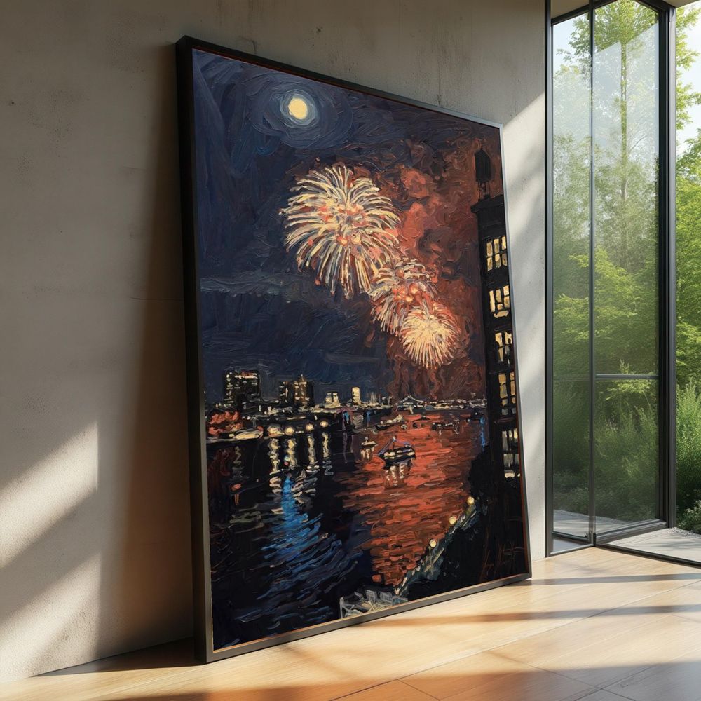 Night Fireworks Cityscape Canvas Ready To Hang Portrait Canvas