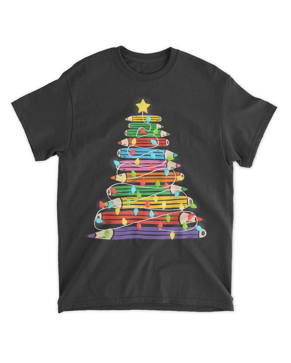Teacher Crayon Christmas Tree Lights Student School Xmas Shirt Unisex Standard T-Shirt black s