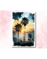 Coastal Sunset Palm Tree Watercolor Art - Tropical Beach House Decor Canvas Ready To Hang Portrait Canvas