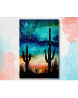 Southwest Sunset Cactus Art Watercolor Desert Landscape Boho Western Decor Canvas Ready To Hang Portrait Canvas